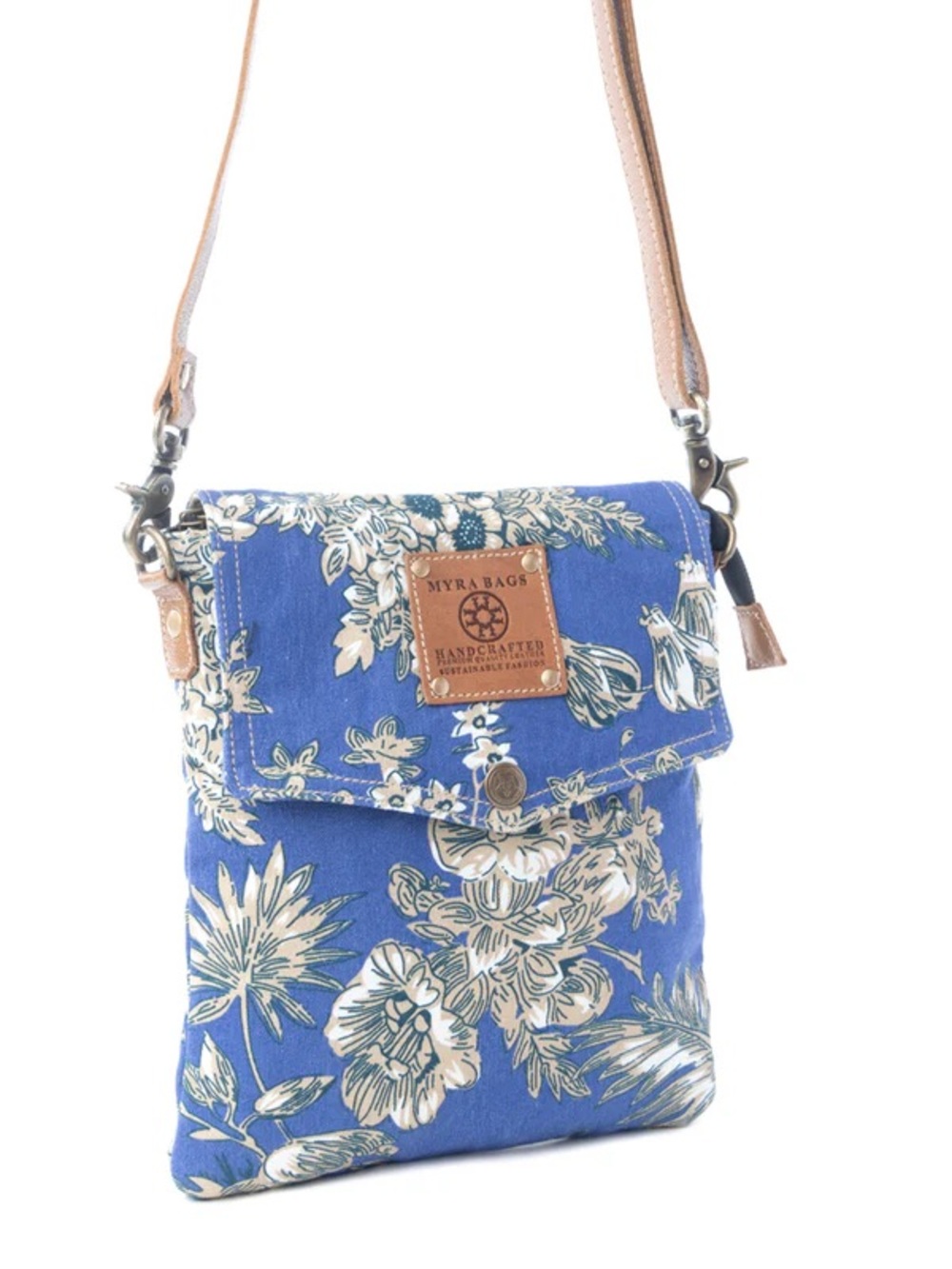 Myra Bag Blue & White Floral Crossbody with Leather Strap